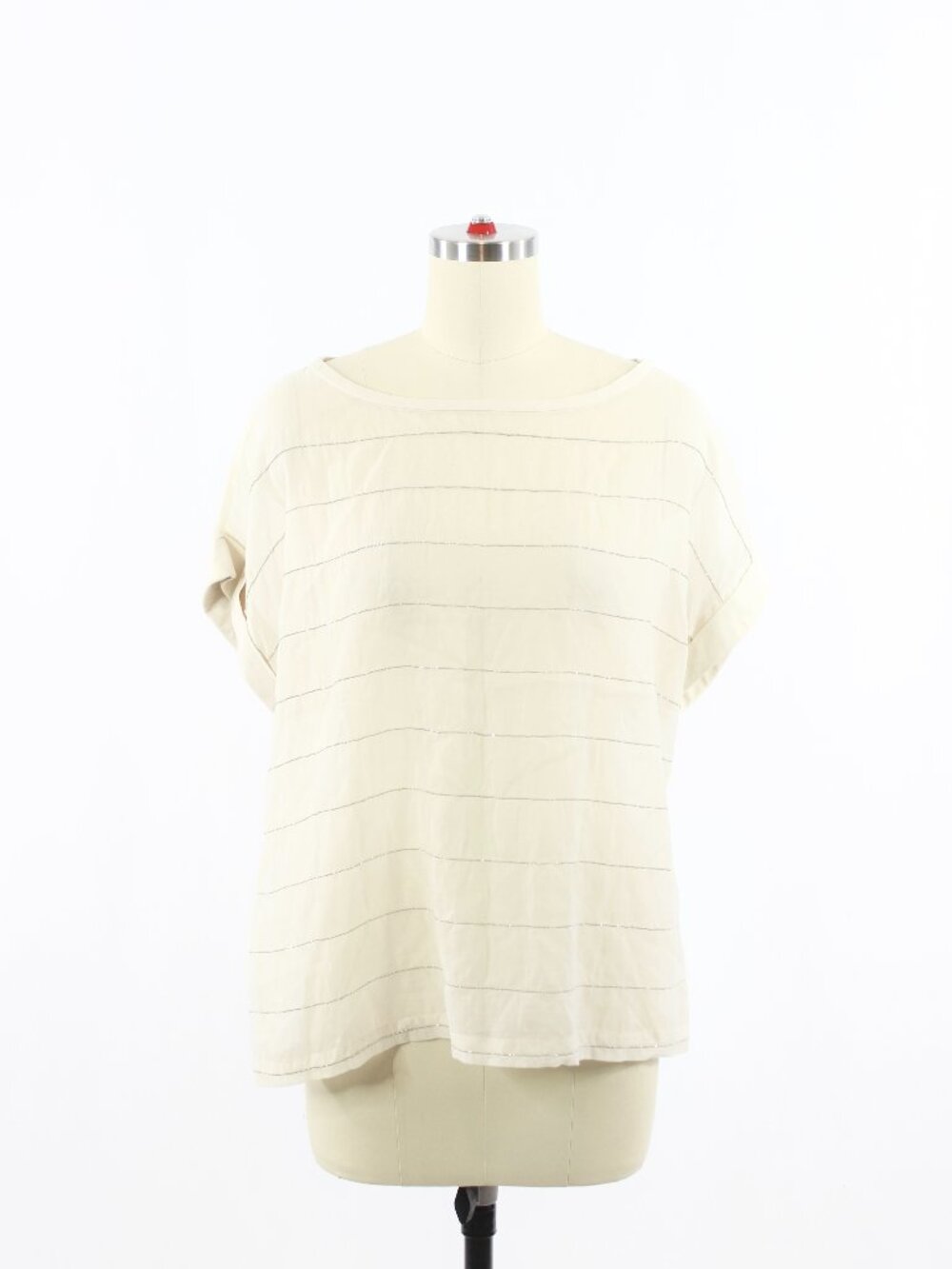 BRUNELLO CUCINELLI Ivory Silk Voile Silver Beaded Striped T-Shirt Blouse, Size M